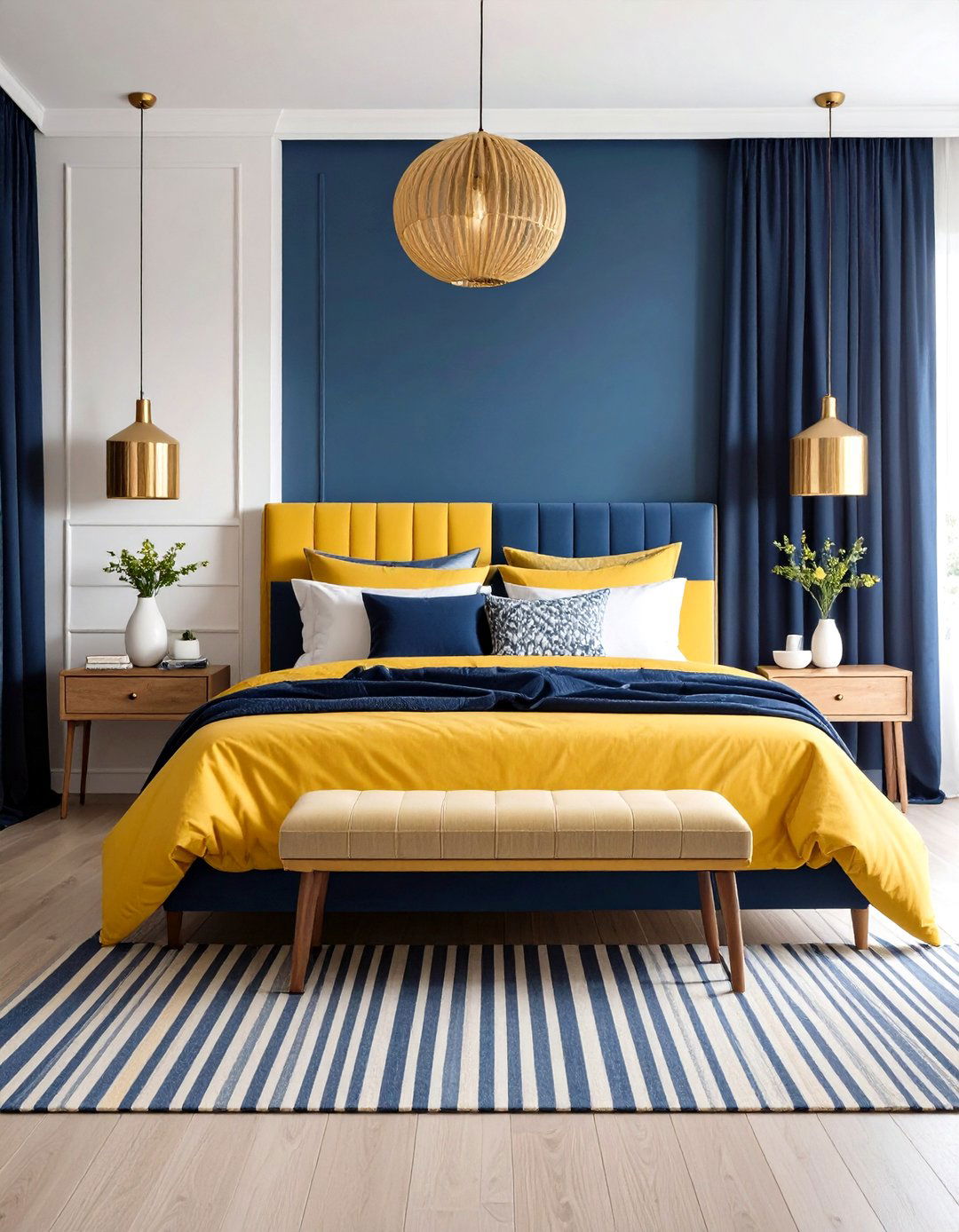 Yellow Bedroom with Navy Blue Color Combinations - 20 Yellow Bedroom Ideas