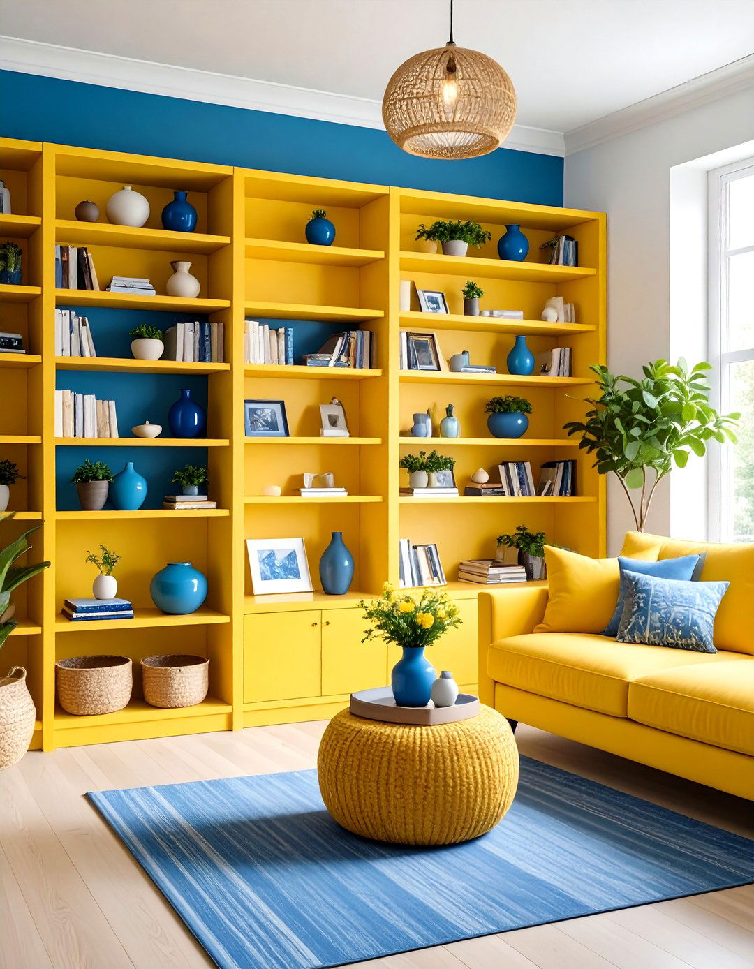 Yellow Bookshelf Styling with Blue Decor Accents Living Room - 20 Yellow and Blue Living Room Ideas