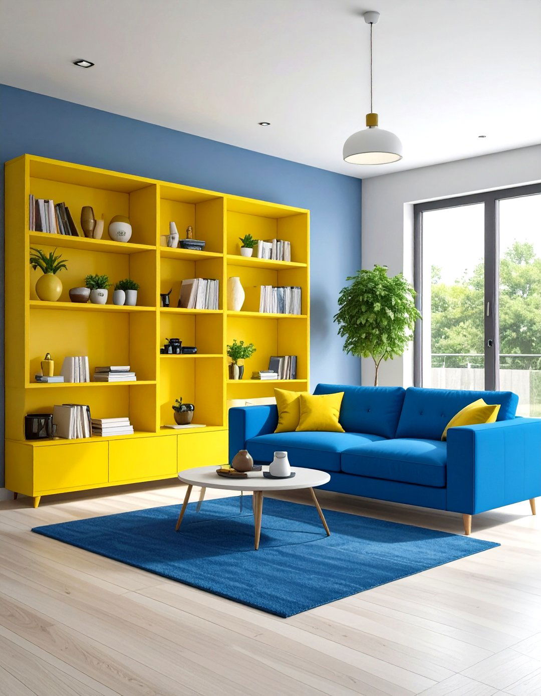 Yellow Built in Shelving with Blue Furniture Living Room - 20 Yellow and Blue Living Room Ideas