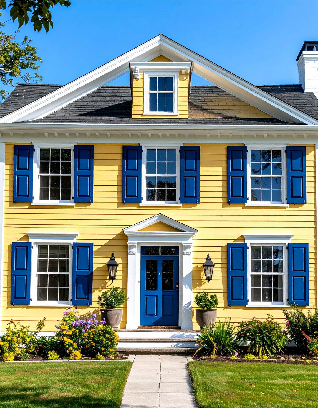Yellow Colonial Home with Navy Blue Shutters - 20 Yellow Exterior Home Ideas