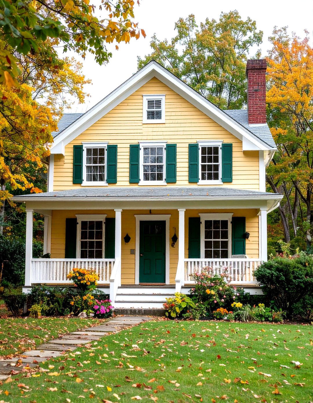 Yellow Cottage with Dark Green Forest Shutters - 20 Yellow Exterior Home Ideas