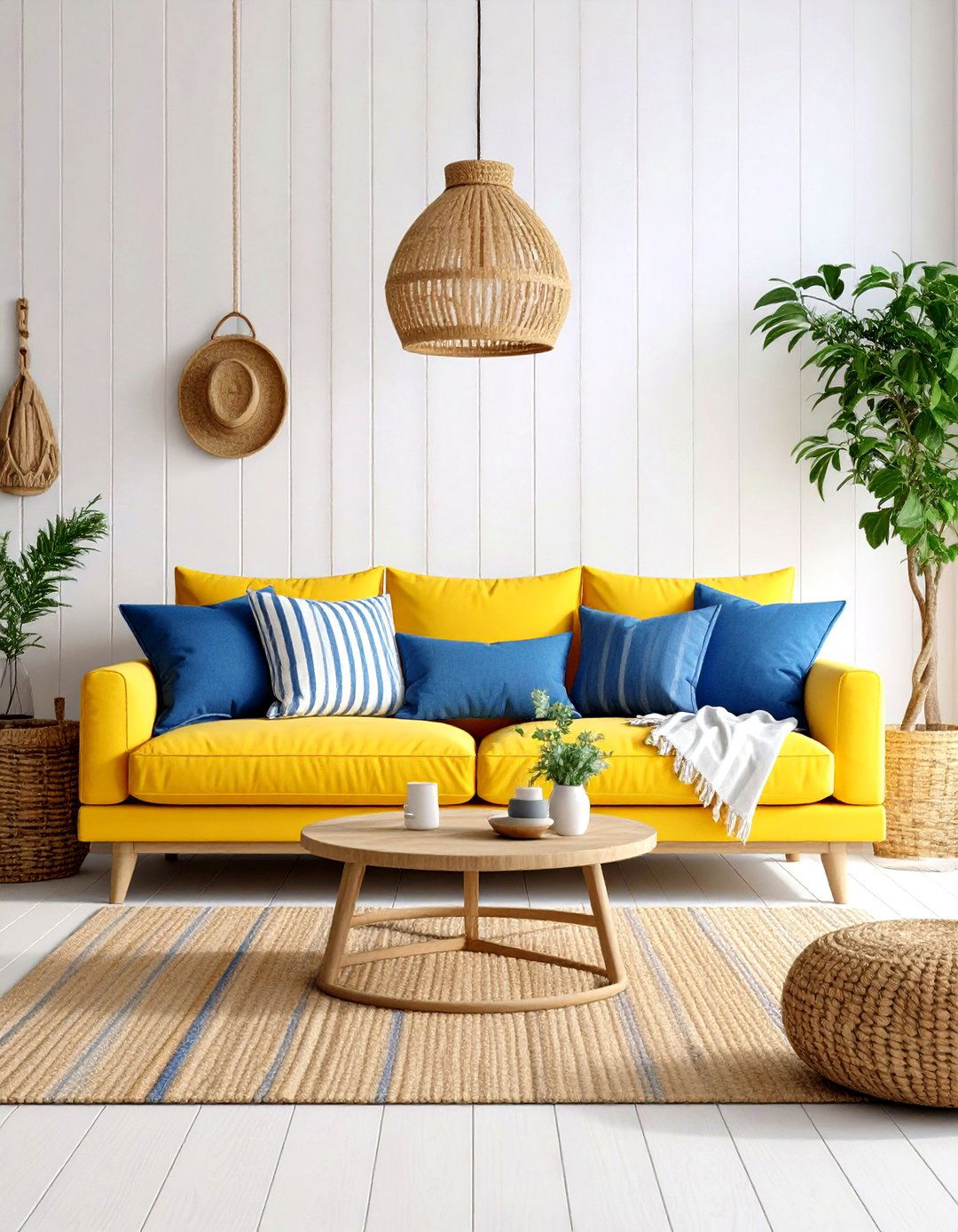 Yellow Couch Coastal Style with Blue Accents - 20 Yellow Couch Living Room Ideas