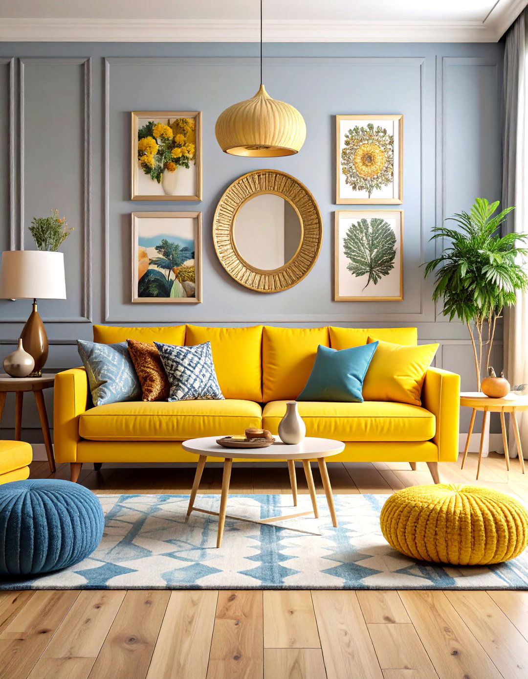 Yellow Couch Maximalist Gallery Wall Setup - 20 Yellow Couch Living Room Ideas