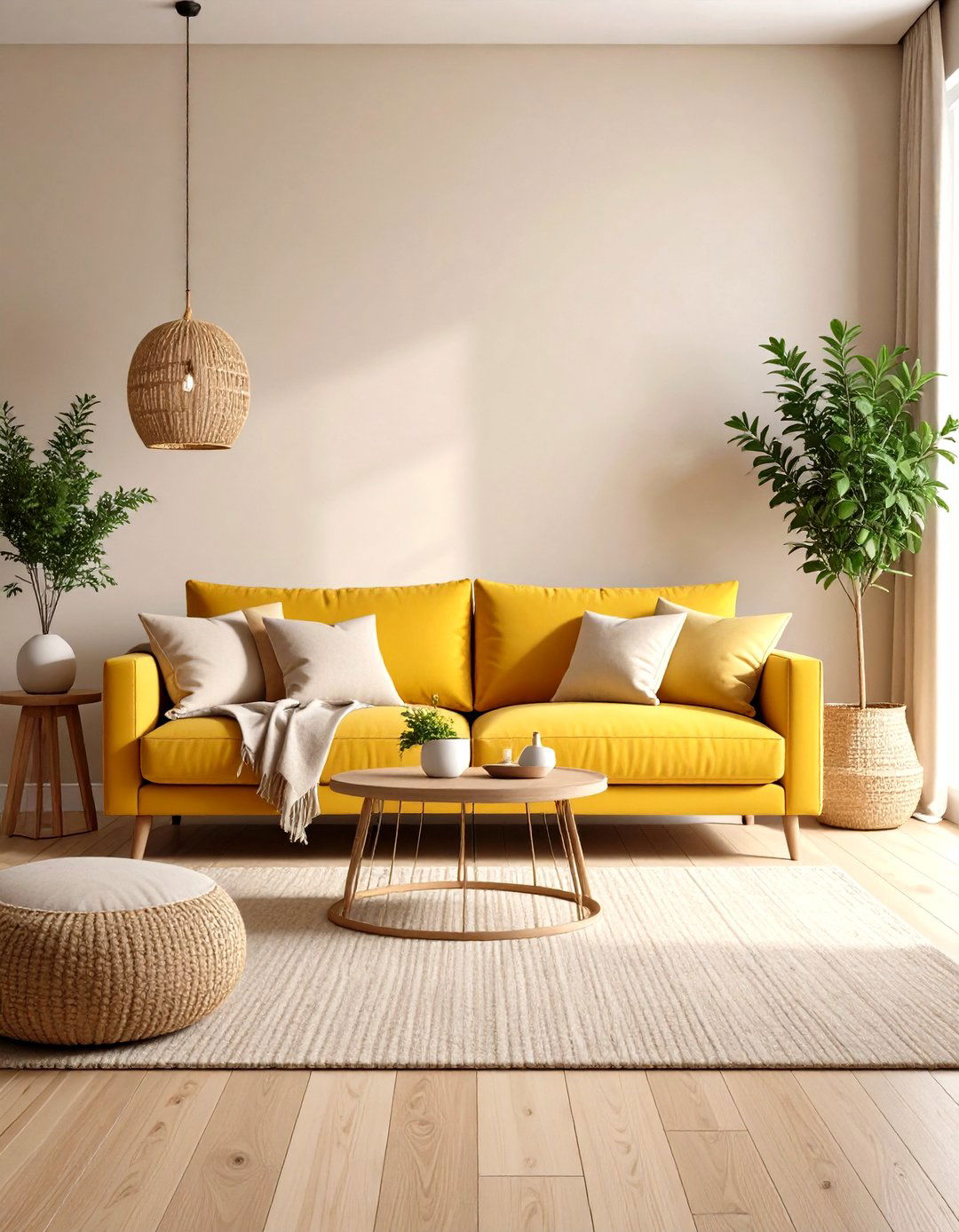 Yellow Couch Paired with Earthy Neutral Tones - 20 Yellow Couch Living Room Ideas