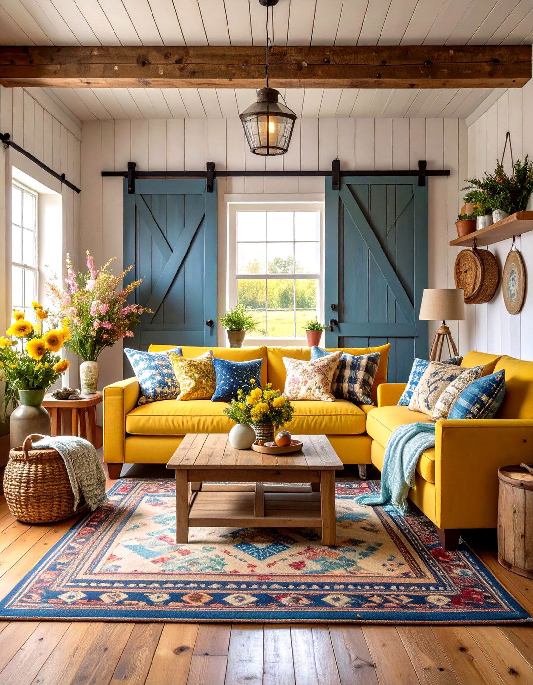 Yellow Couch with Rustic Farmhouse Elements - 20 Yellow Couch Living Room Ideas