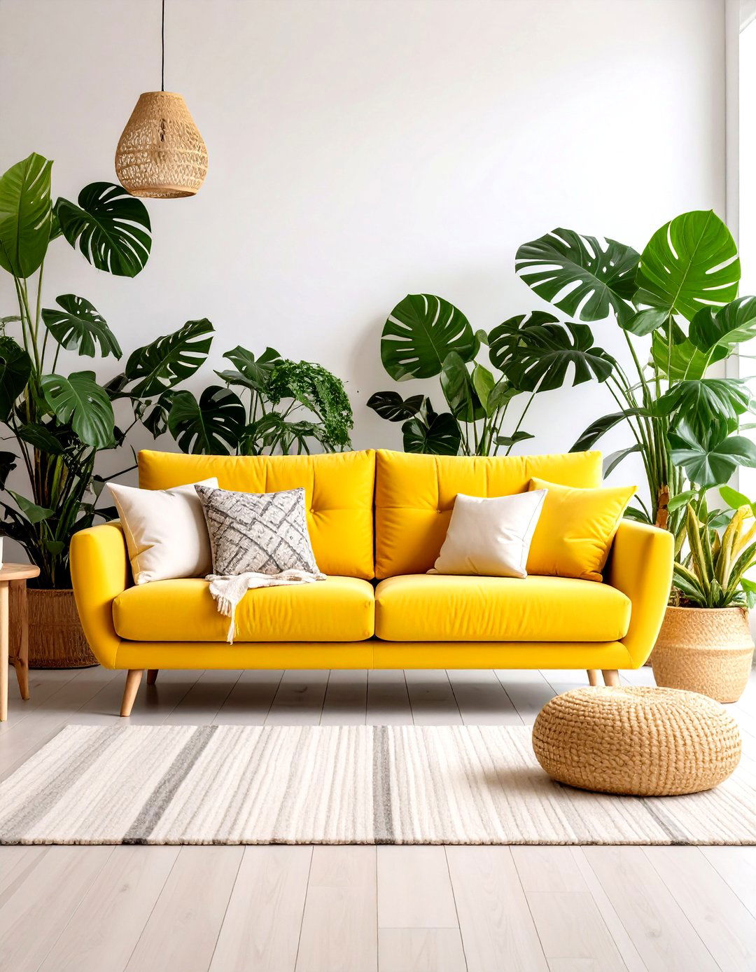 Yellow Couch with Tropical Plant Arrangements - 20 Yellow Couch Living Room Ideas