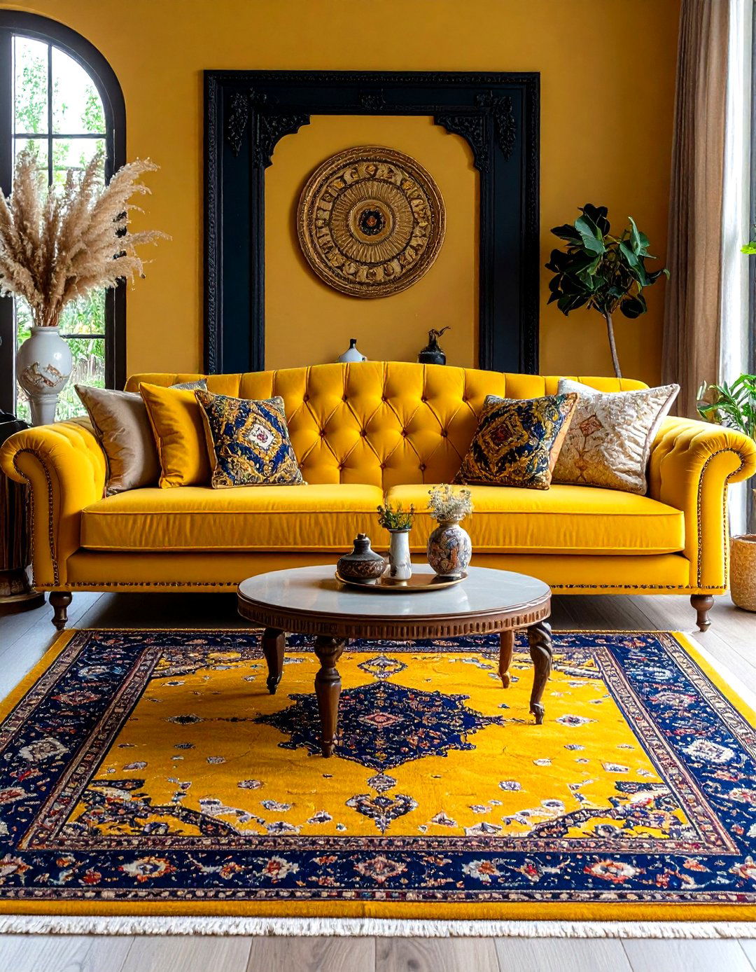 Yellow Couch with Vintage Persian Rug Pairing - 20 Yellow Couch Living Room Ideas