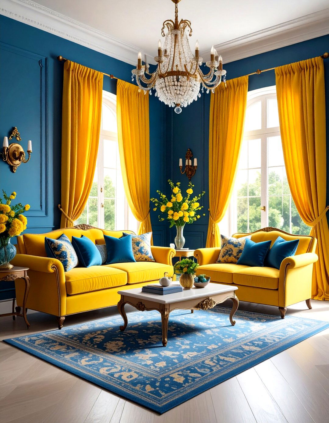 Yellow Curtains with Blue Wall Paint Traditional Living Room - 20 Yellow and Blue Living Room Ideas