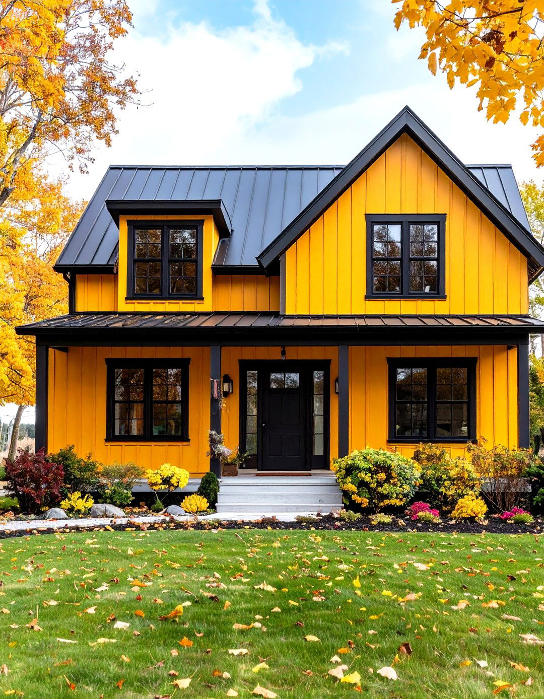Yellow Farmhouse with Black Metal Roofing