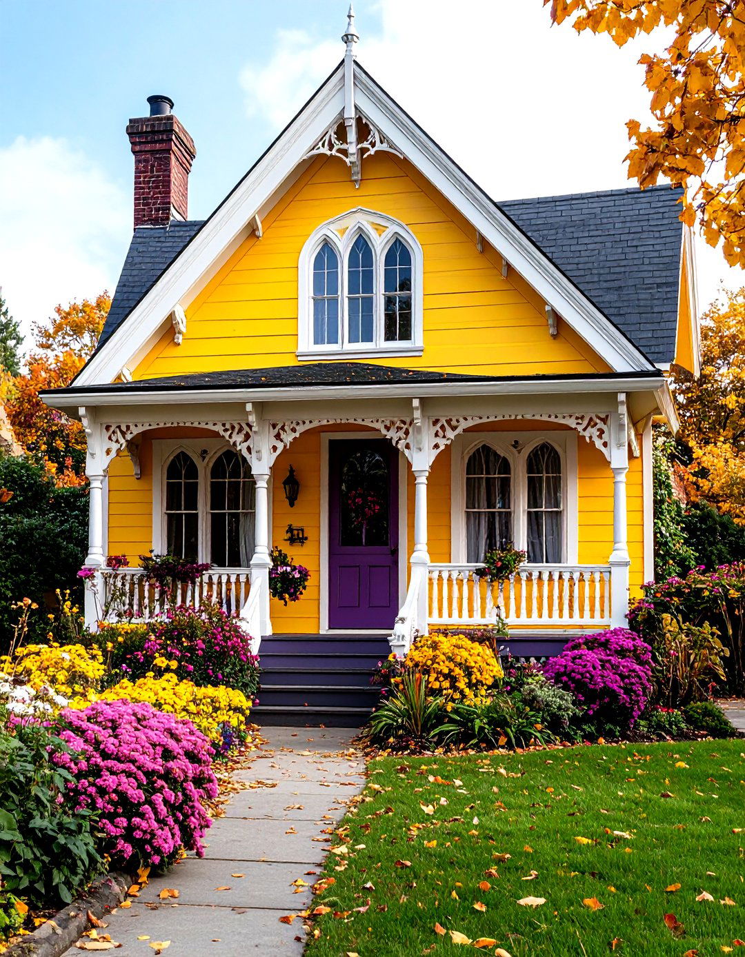 Yellow Gothic Revival Cottage with Purple Accent Details - 20 Yellow Exterior Home Ideas