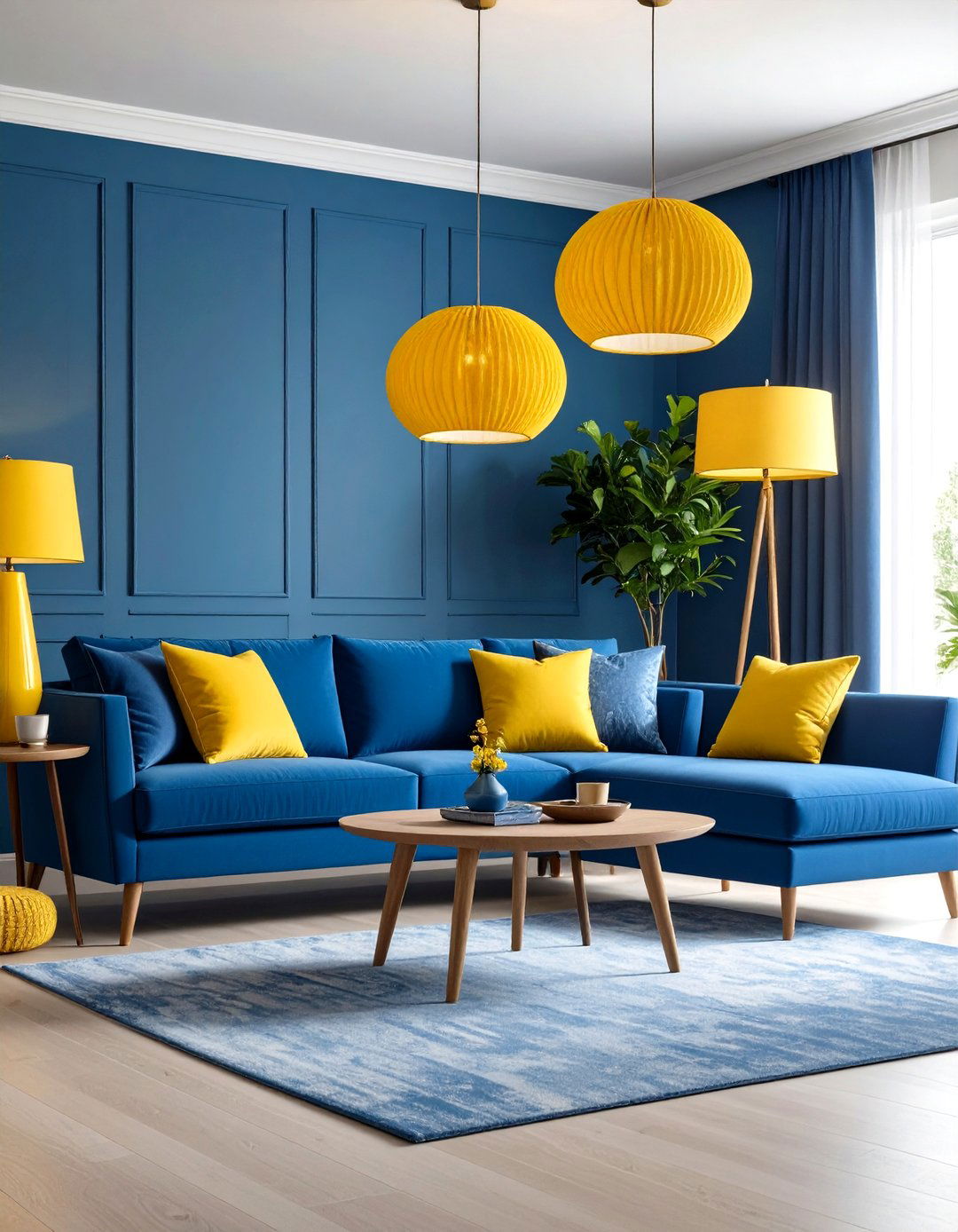 Yellow Lighting Fixtures in Blue Themed Living Room - 20 Yellow and Blue Living Room Ideas
