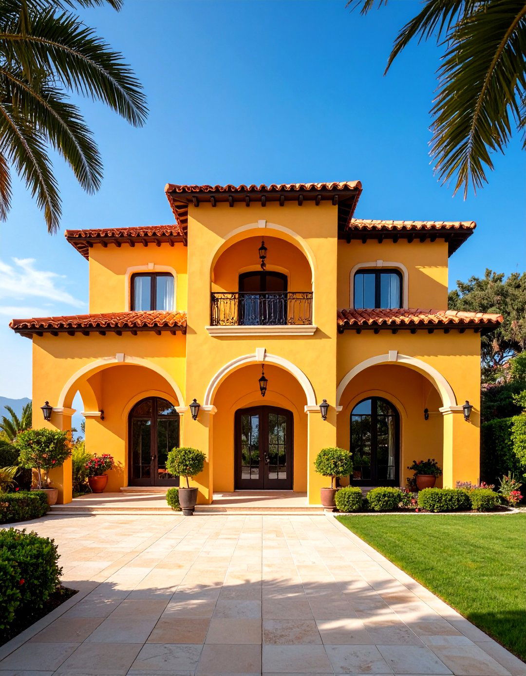 Yellow Mediterranean Villa with Terra Cotta Roof - 20 Yellow Exterior Home Ideas
