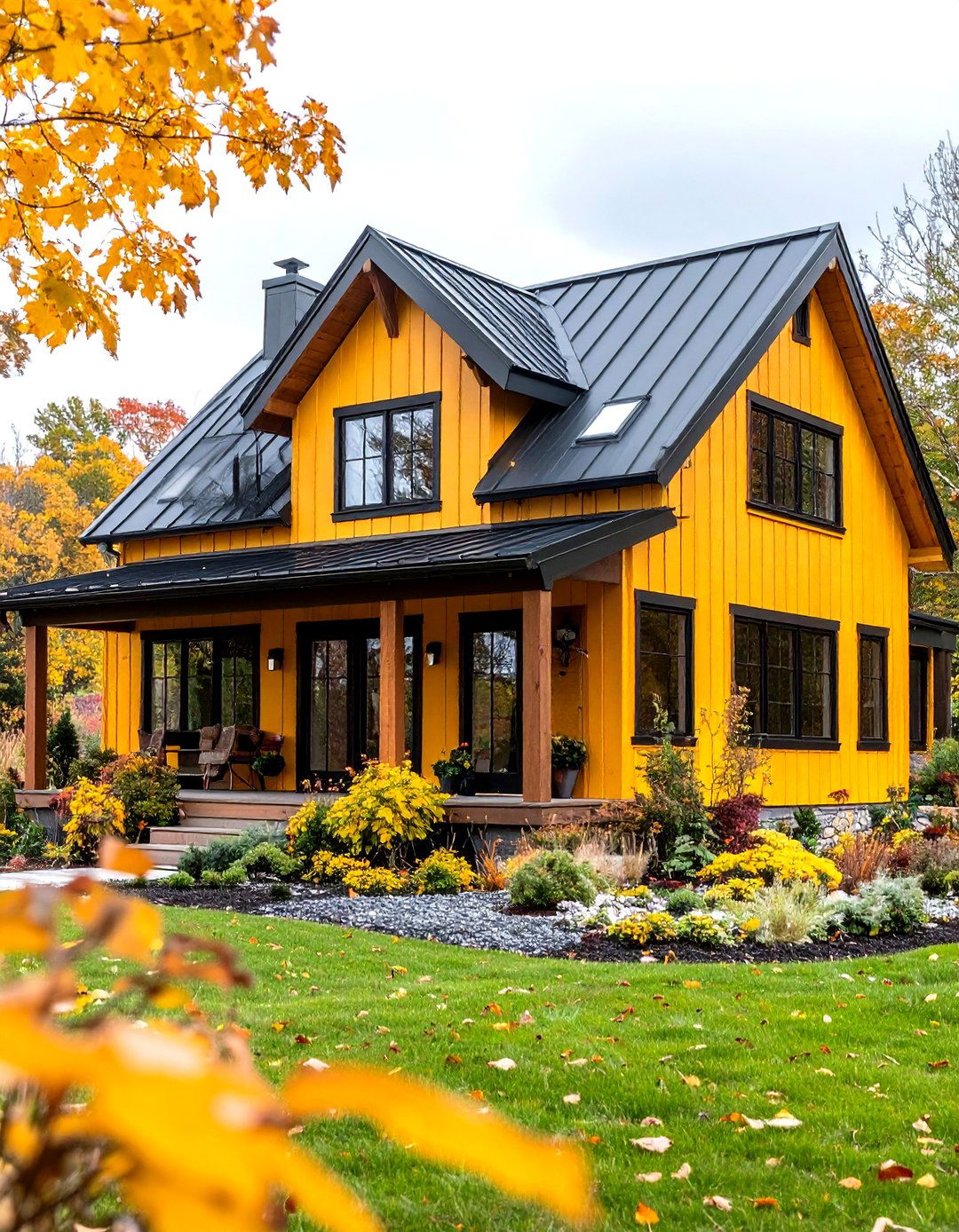 Yellow Modern Farmhouse with Black Window Frames - 20 Yellow Exterior Home Ideas