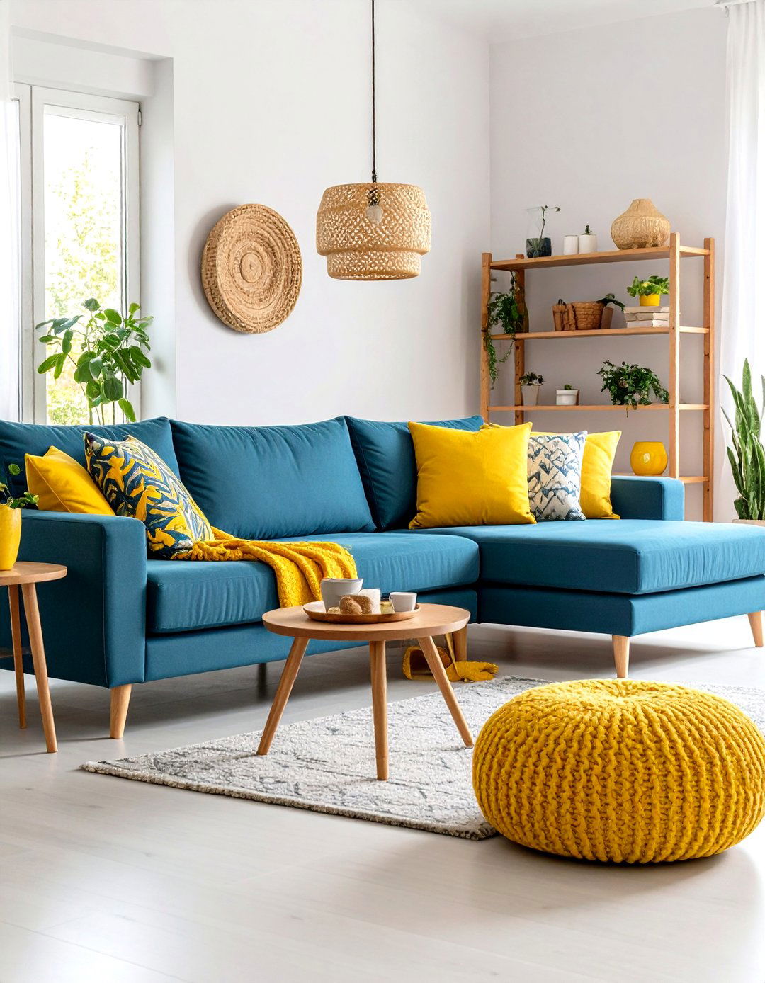 Yellow Ottoman and Blue Sectional Sofa Combination Living Room - 20 Yellow and Blue Living Room Ideas