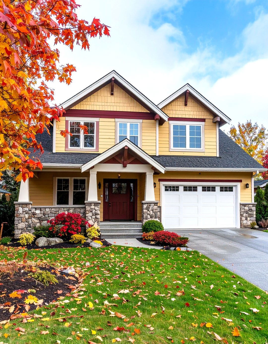 Yellow Ranch House with Burgundy Red Trim - 20 Yellow Exterior Home Ideas