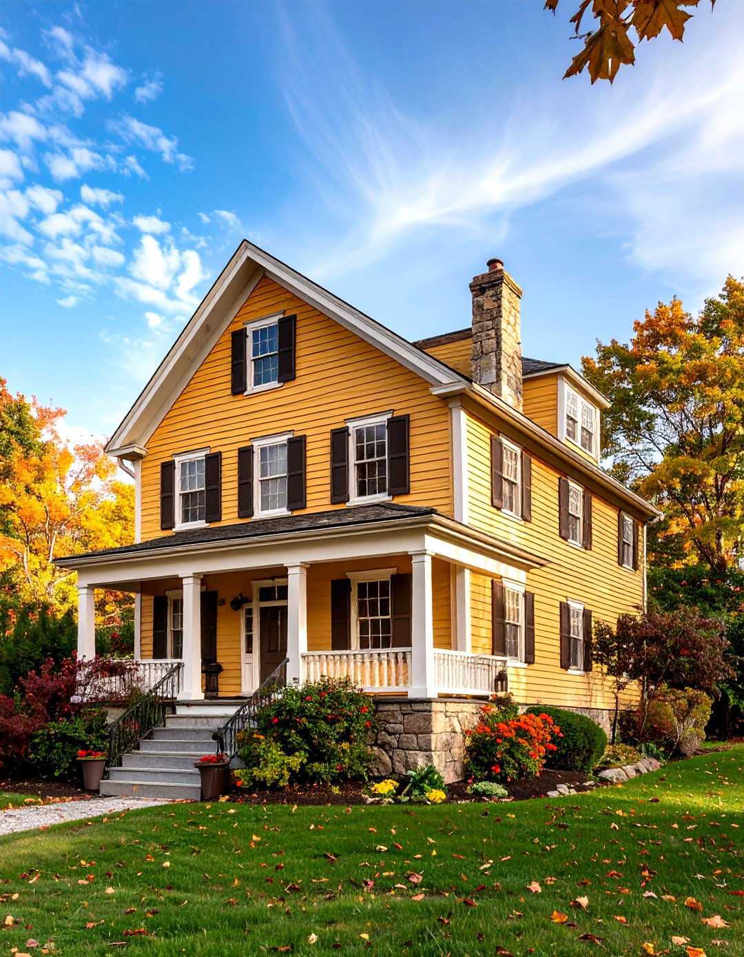 Yellow Saltbox House with Dark Brown Trim - 20 Yellow Exterior Home Ideas