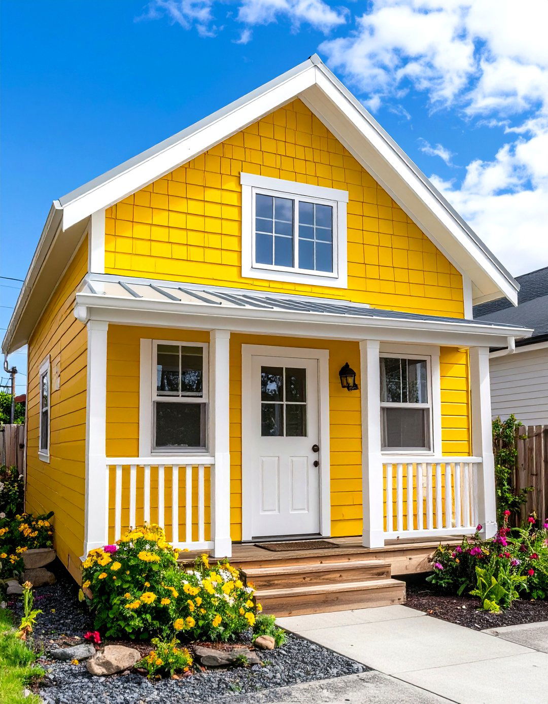 Yellow Tiny House with White Board and Batten Siding - 20 Yellow Exterior Home Ideas