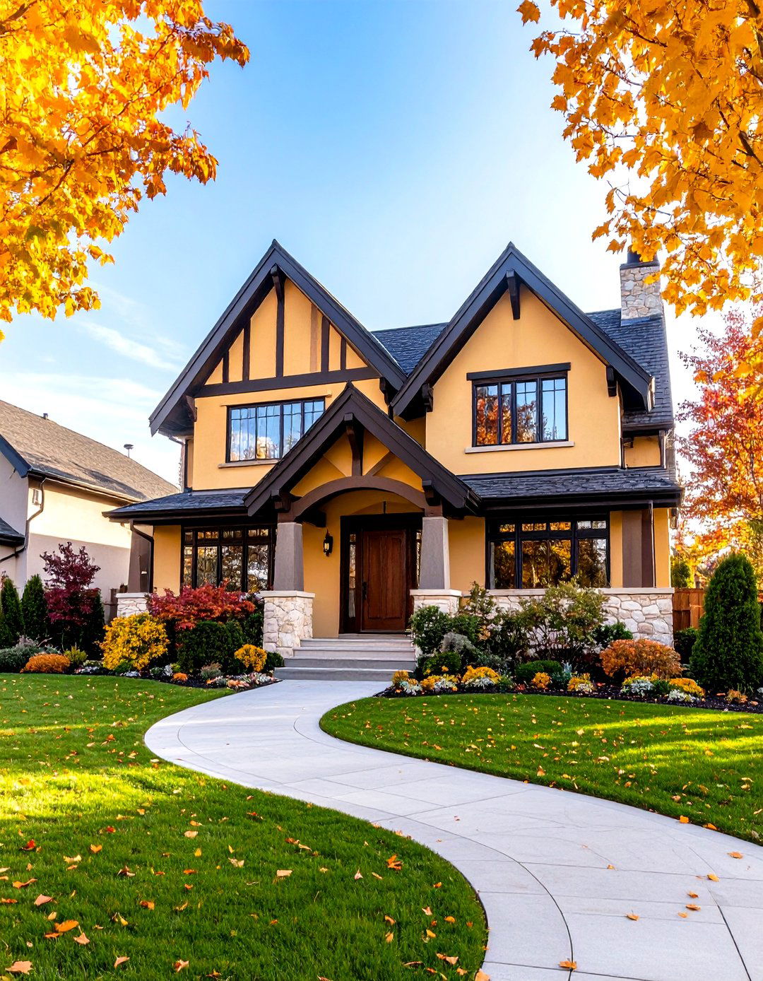 Yellow Tudor Revival with Cream Stone Accents - 20 Yellow Exterior Home Ideas