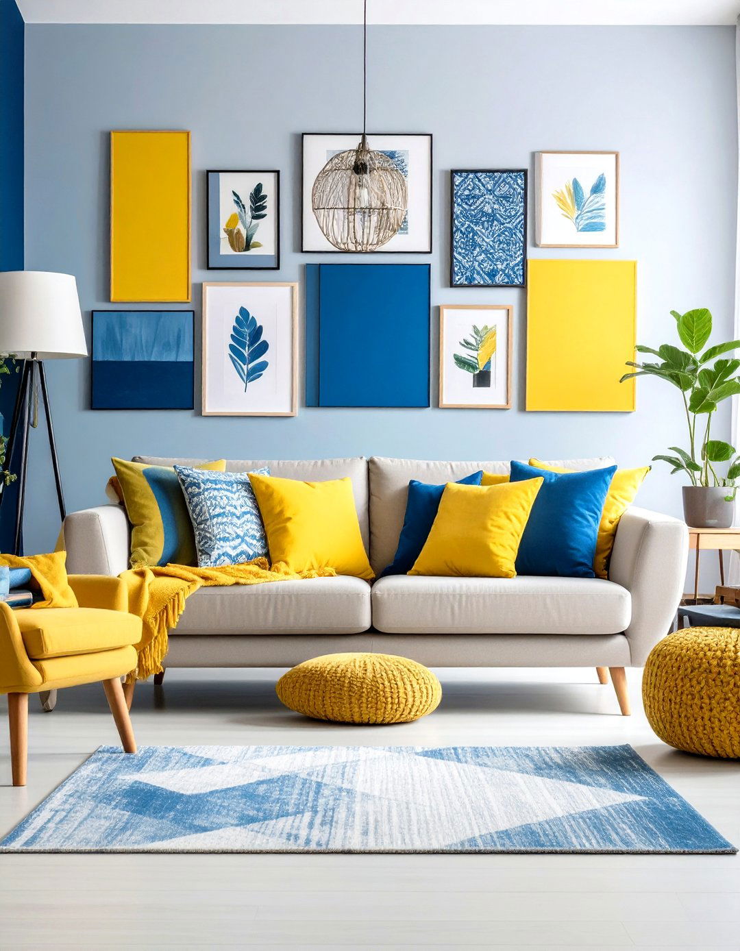 Yellow and Blue Gallery Wall Art Display Living Room - 20 Yellow and Blue Living Room Ideas
