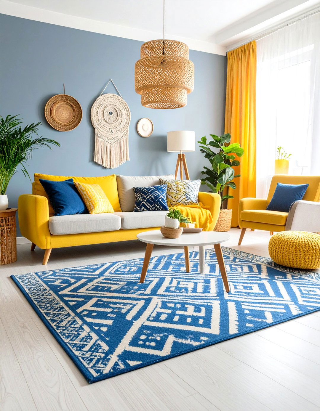 Yellow and Blue Patterned Rug as Living Room Focal Point - 20 Yellow and Blue Living Room Ideas