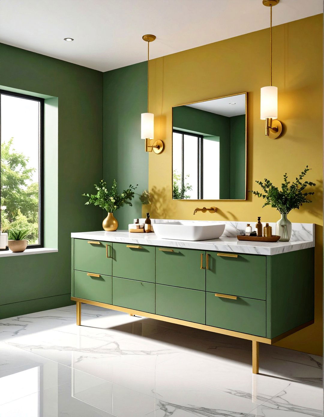Yellow and Green Sage Vanity with Brass Fixtures - 20 Yellow and Green Bathroom Ideas