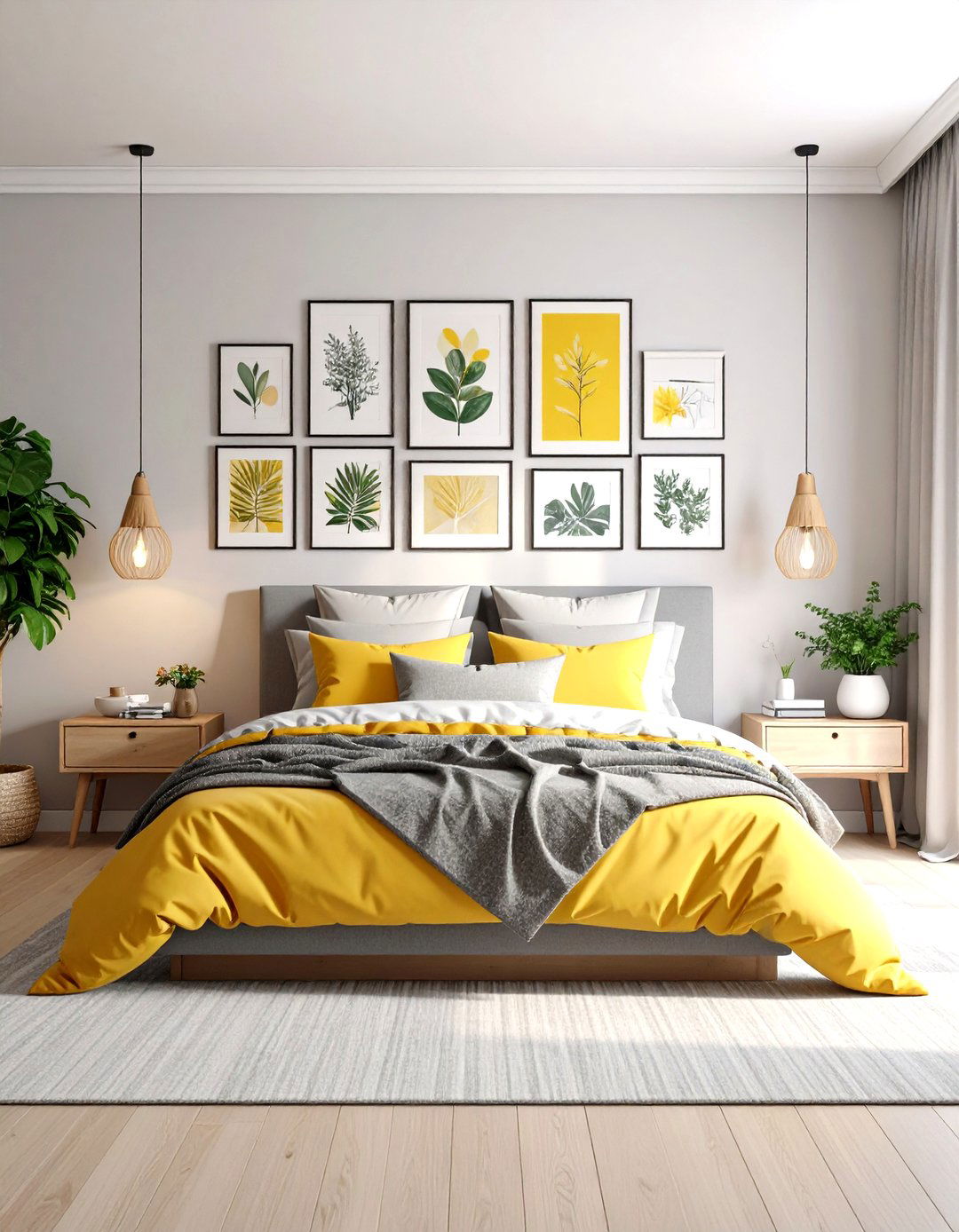 Yellow and Grey Bedroom Gallery Wall Feature - 20 Yellow and Grey Bedroom Ideas