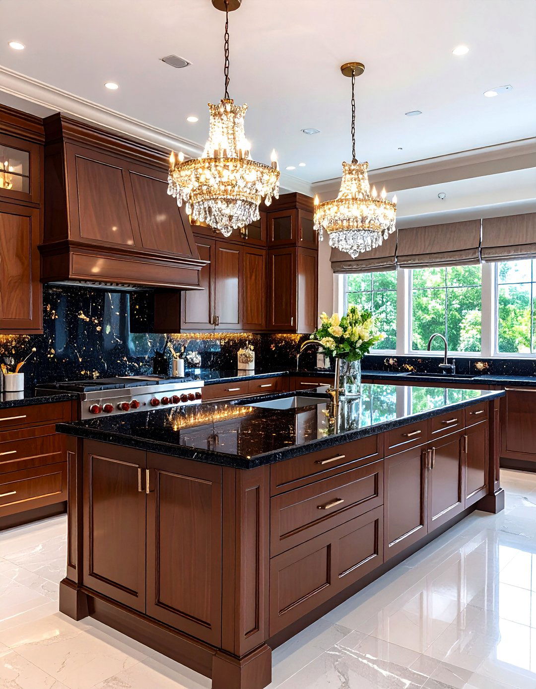 Zen Inspired Kitchen with Natural Brown Bamboo Cabinets and Black Volcanic Stone Countertops - 20 kitchen with brown cabinets and black countertops ideas