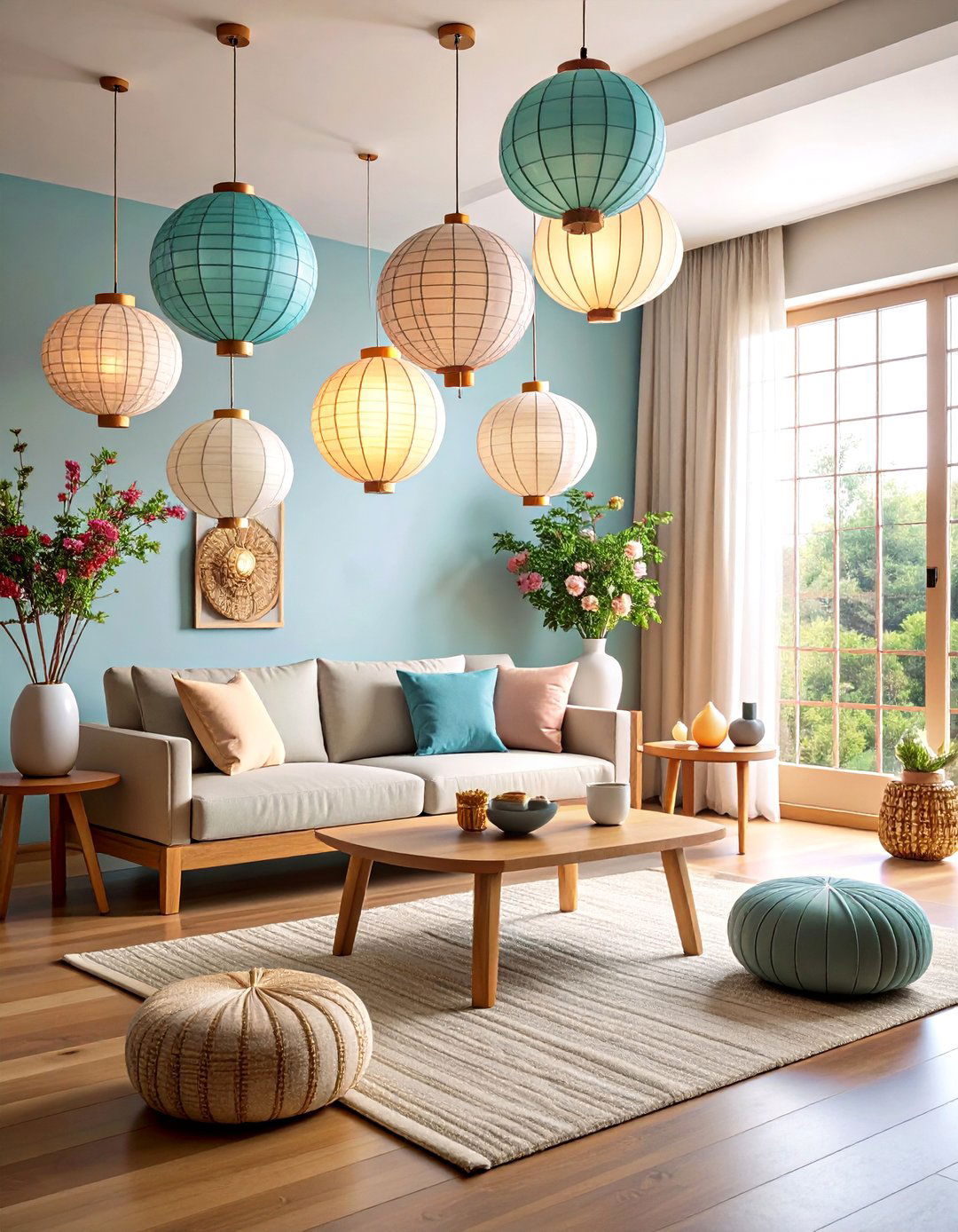 Zen Inspired Living Room Ceiling Lighting with Paper Lantern Arrays - 20 Living Room Ceiling Lighting Ideas