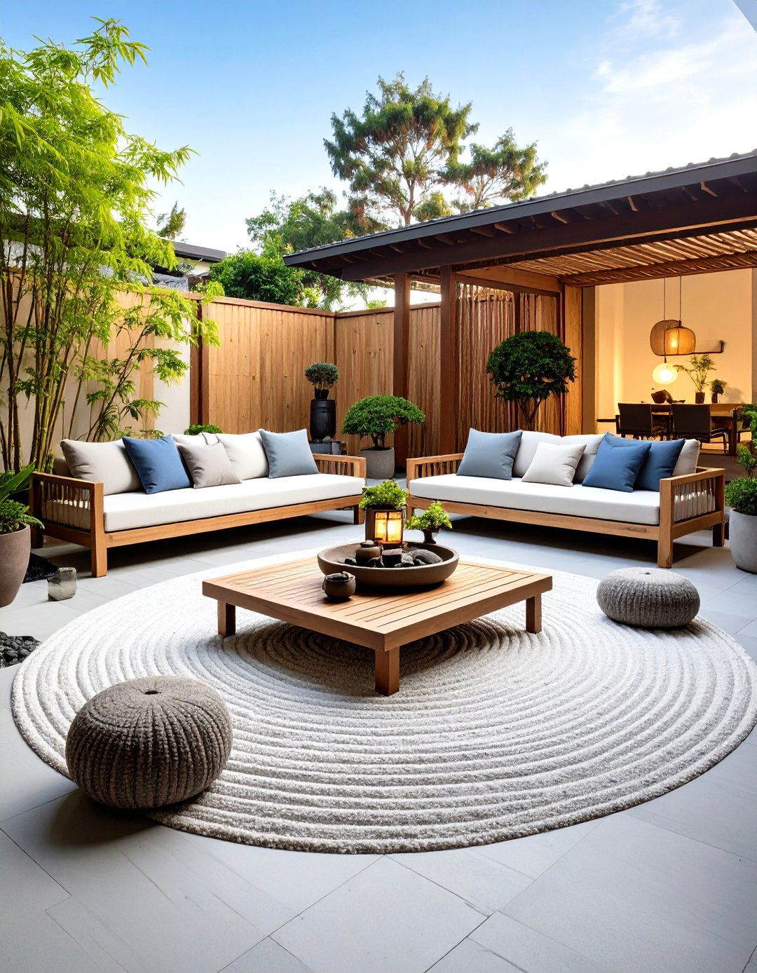 Zen Inspired Mulch Patio with Bamboo Screens - 20 mulch patio ideas