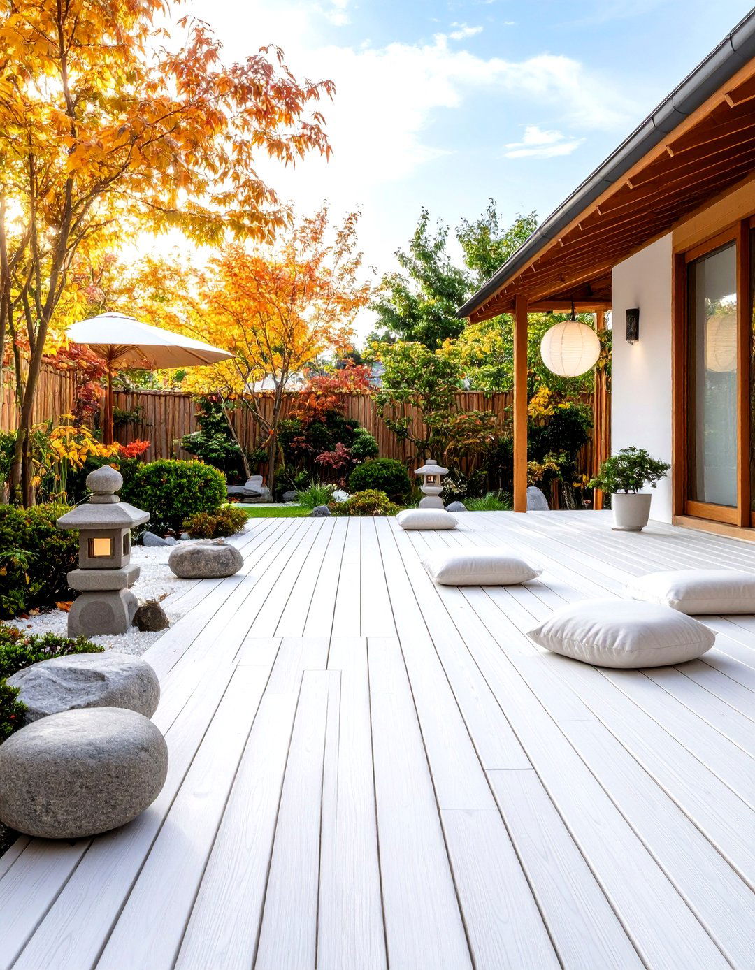 Zen Inspired White Deck with Japanese Design Elements and Meditation Areas - 20 White Deck Ideas