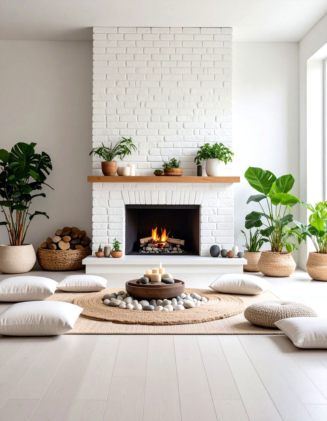 Zen White Brick Fireplace with Meditation Focus - 20 White Brick Fireplace Ideas