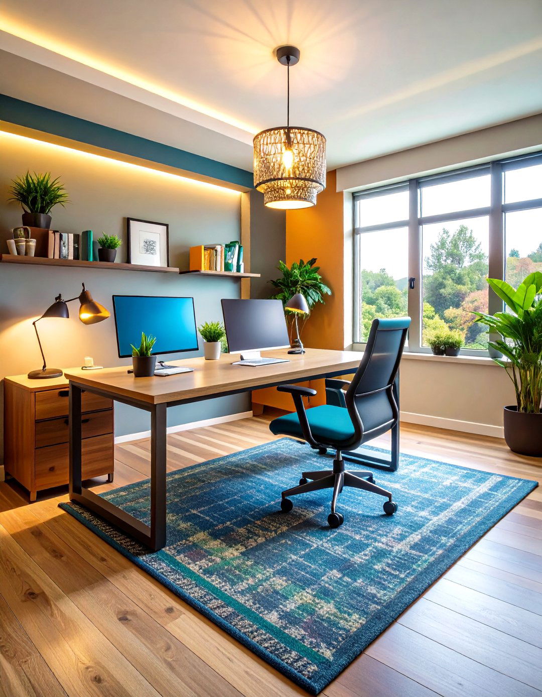 Zone with Rugs and Lighting Layers - 20 Small Home Office Ideas