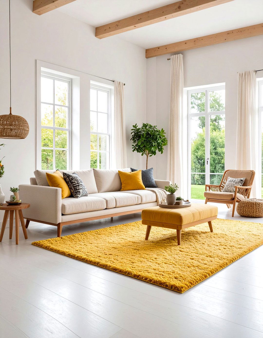 Zoning an Open Plan Space with a Vibrant Yellow Area Rug - 20 Grey and Yellow Living Room Ideas