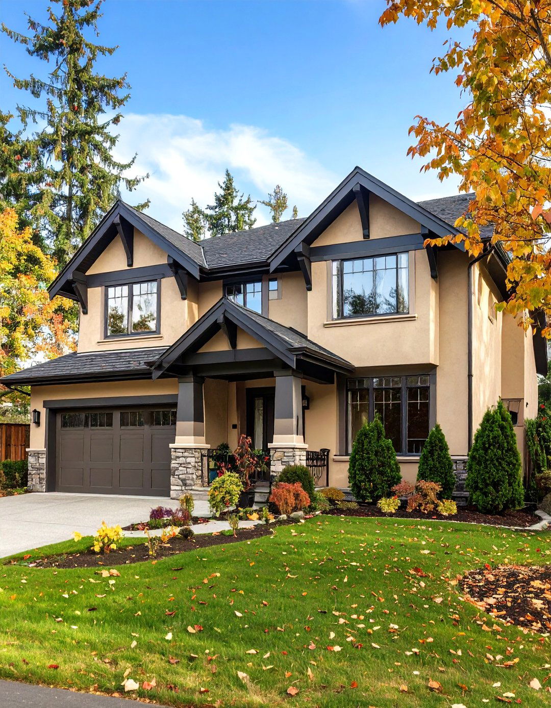 two tone Tan Facade with Black Midline Band - 20 Tan House With Black Trim Design Ideas